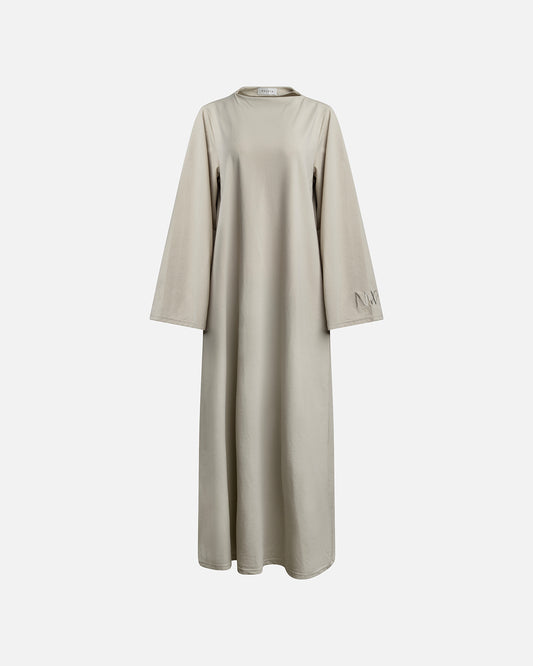 Eco-friendly abaya dress made of Sorona bio-cotton, lightweight and breathable material in color sage green, displayed on a neutral background