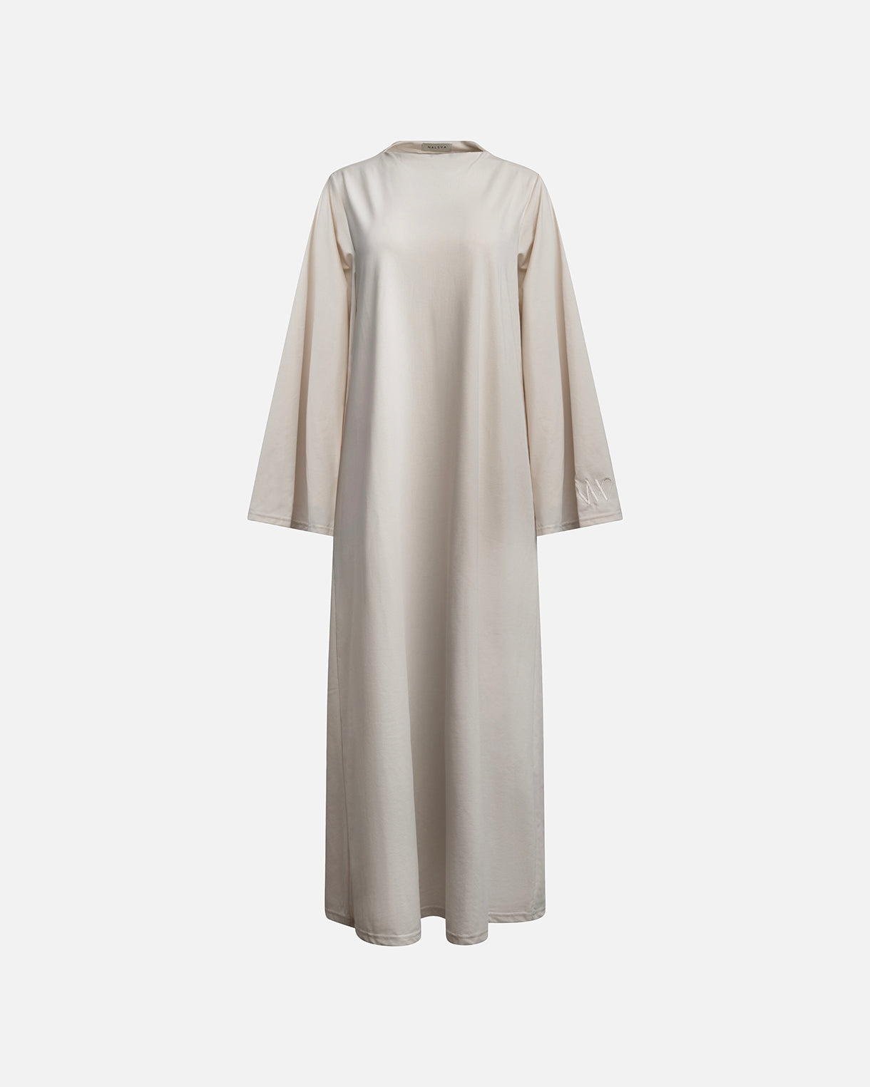 Eco-friendly abaya dress made of Sorona bio-cotton, lightweight and breathable material in color off white, displayed on a neutral background