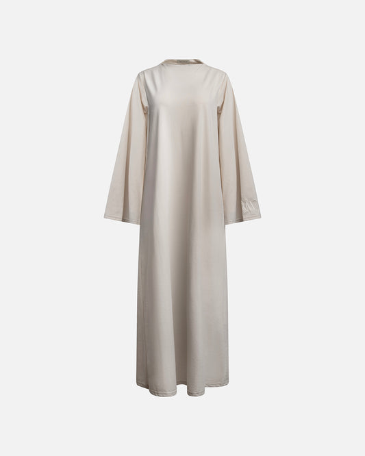 Eco-friendly abaya dress made of Sorona bio-cotton, lightweight and breathable material in color off white, displayed on a neutral background